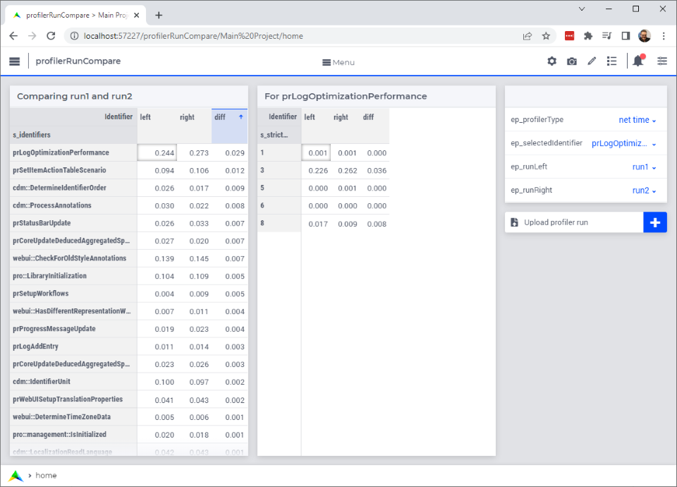 Comparing using profilerRunCompare