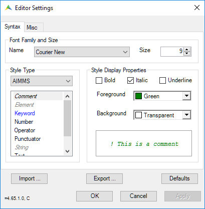 Editor settings for AIMMS elements