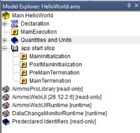 Model Explorer showing the app_start_stop section and its procedures