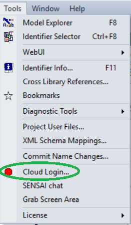 Tools menu with Cloud Login highlighted