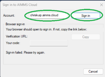 Sign in to AIMMS Cloud dialog