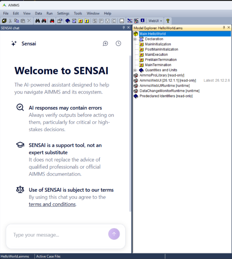 Welcome to SENSAI chat panel in a new project