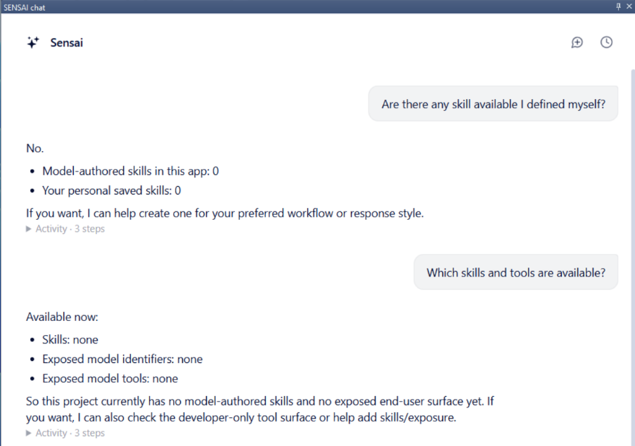 Example exchange asking Sensai about available skills and tools
