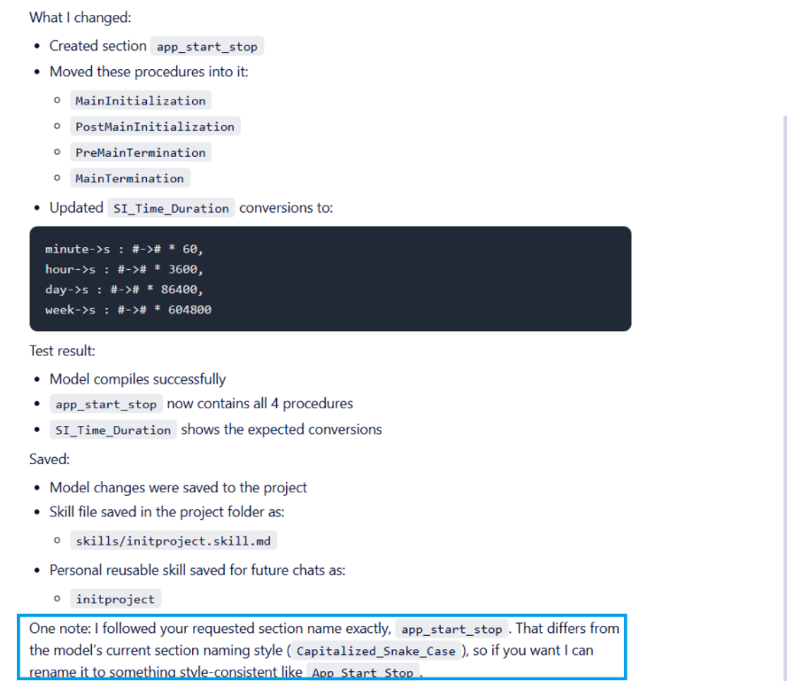 Sensai's summary of the changes it made, with a naming-convention note